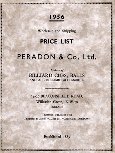 Peradon Billiard Cue & Accessories catalogue 1956